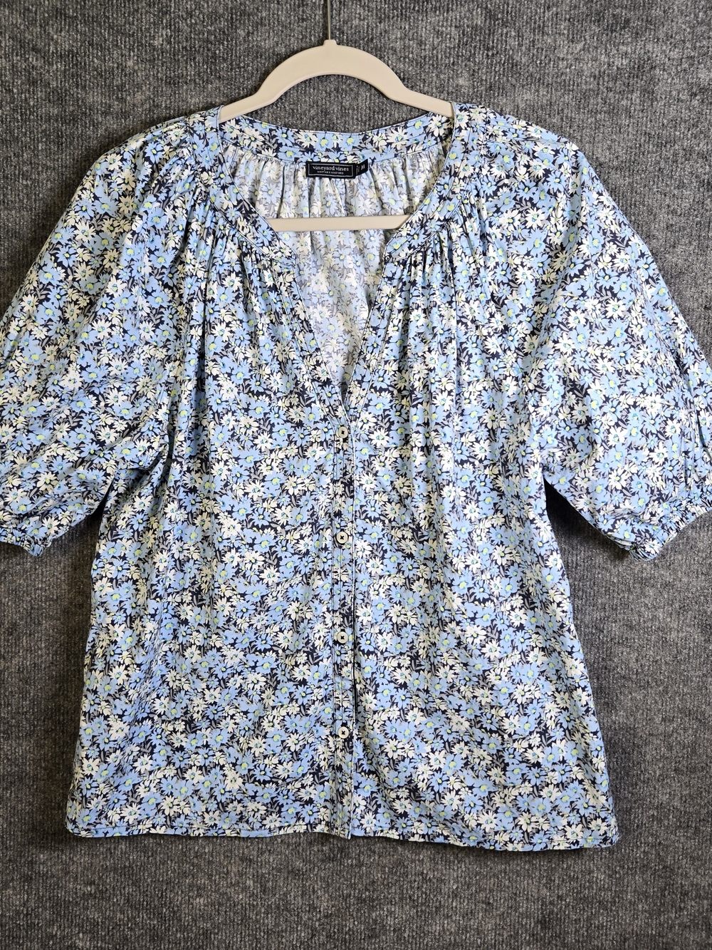 Vineyard Vines Top Womens M Blue Micro Floral Cotton Puff Sleeve Button Up